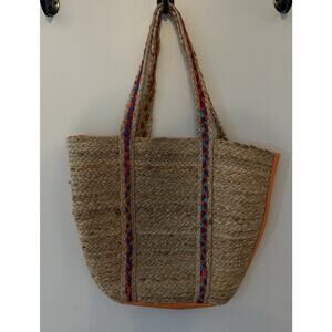Jute Tote~Straw Front/Orange Propylene Back~made in India- Boho Beach Market Bag